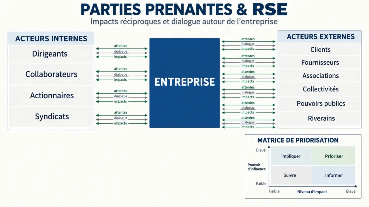 Infographie des parties prenantes RSE internes et externes et de leurs interactions