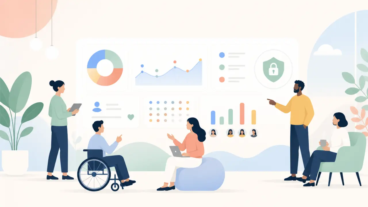 Illustration d'une interface de data RH bienveillante en style moderne et apaisant