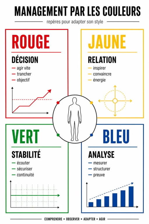 Management par les couleurs : schéma des profils rouge, jaune, vert et bleu du DISC