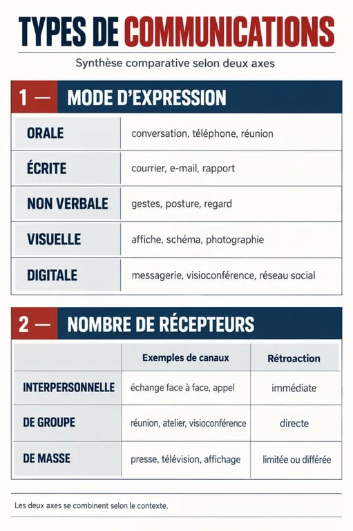 Les différents types de communications classés par mode d'expression et nombre de récepteurs