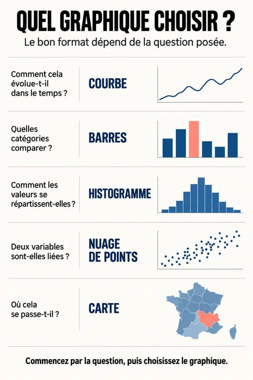 Infographie de data visualisation présentant le graphique adapté à chaque type de question