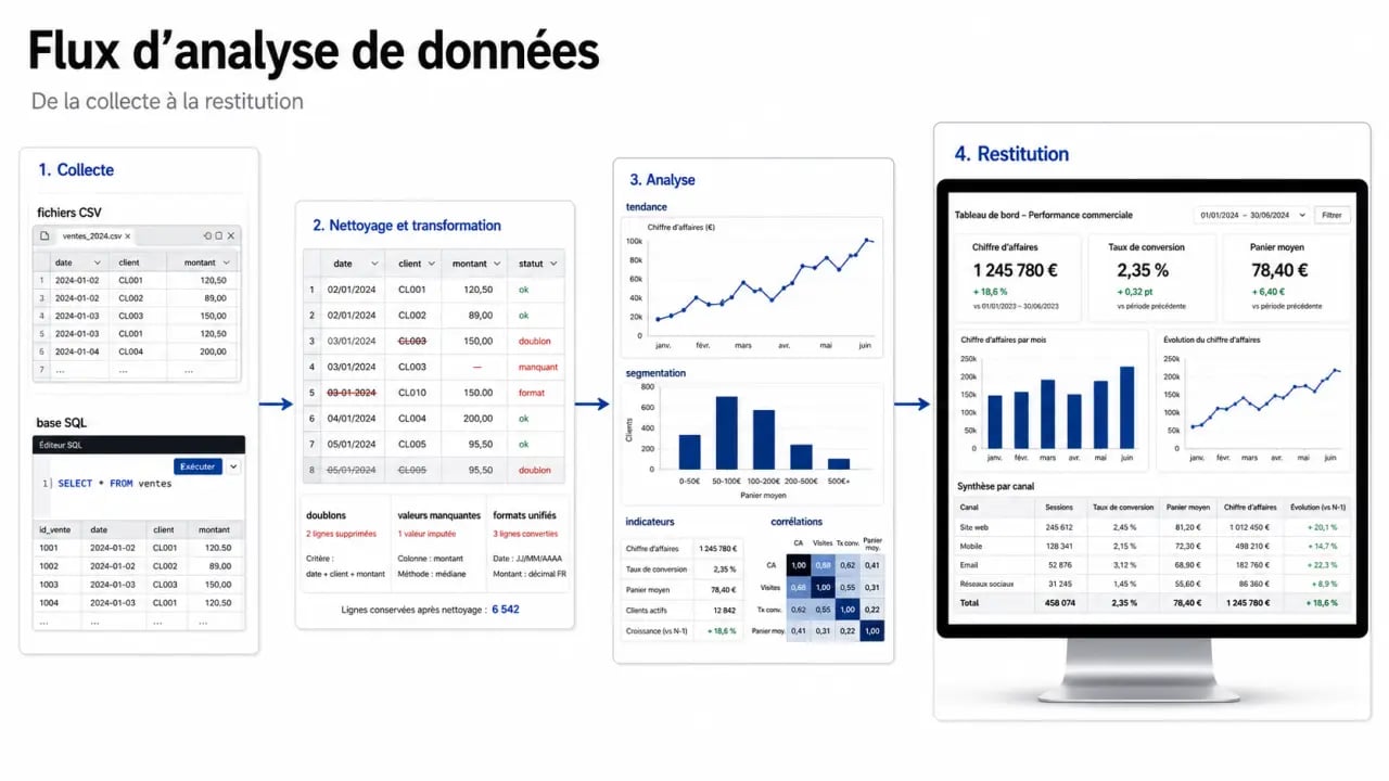 Logiciel analyse de données : schéma éditorial du cycle collecte, nettoyage, analyse et visualisation
