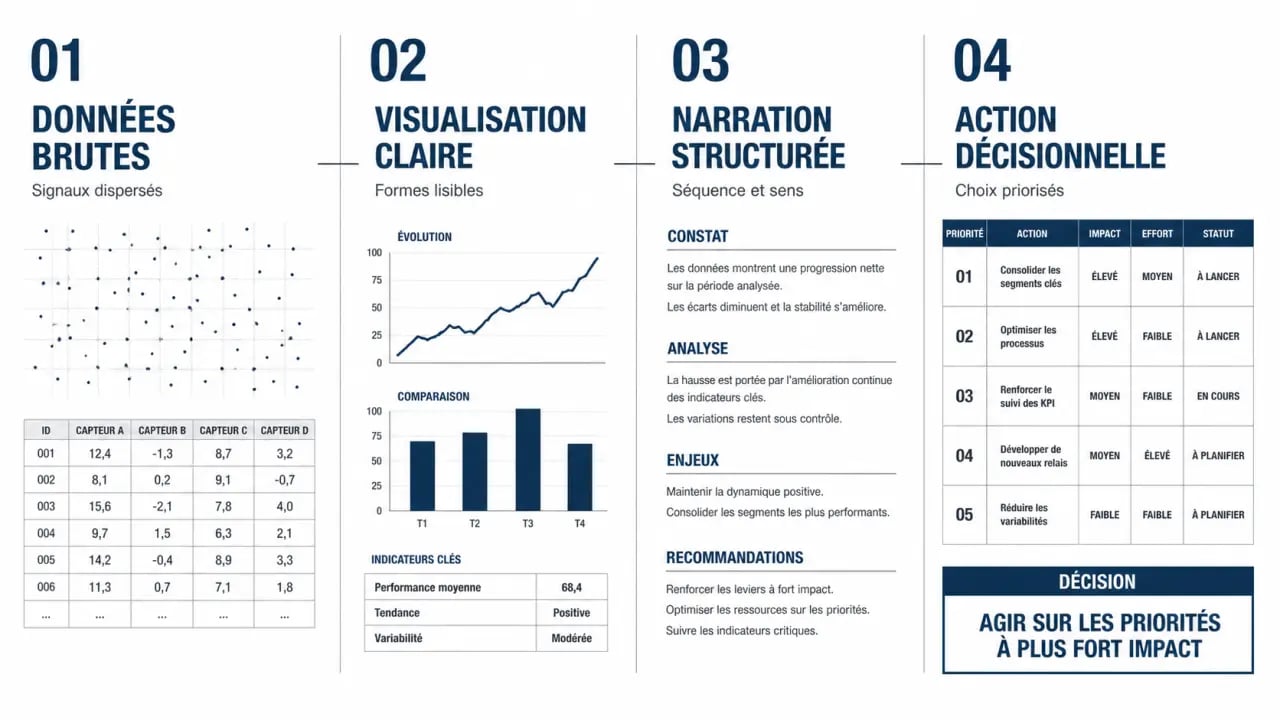 Datastorytelling analyse de données : chaîne données, visualisation, narration et action