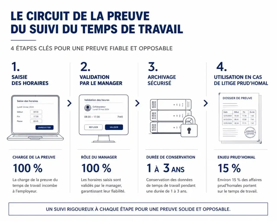 Infographie du circuit de preuve du suivi du temps de travail : saisie, validation, archivage, litige