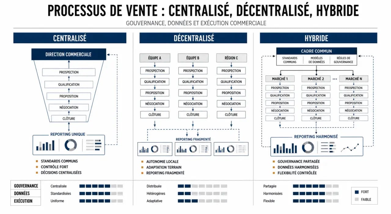 Avantages centralisation processus vente : tableau comparatif des modèles centralisé, décentralisé et hybride