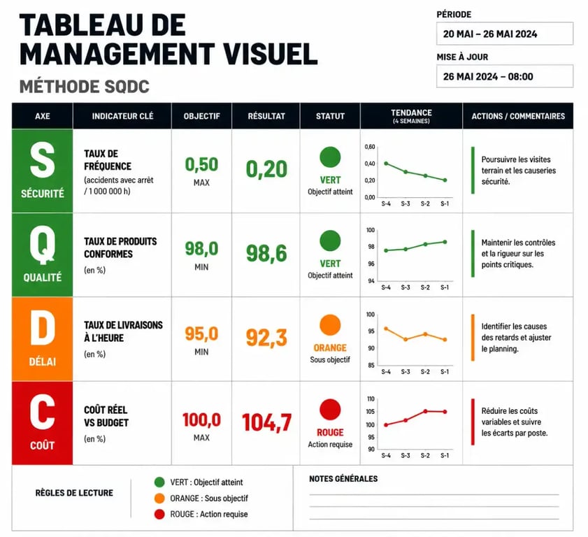 Tableau de management visuel structuré avec indicateurs SQDC pour le pilotage d'équipe