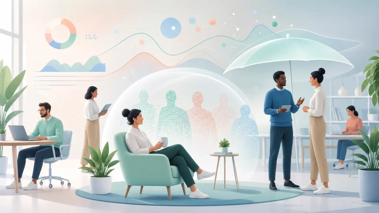 Illustration d'un tableau de bord RH apaisant, avec indicateurs de bien-être et graphiques doux