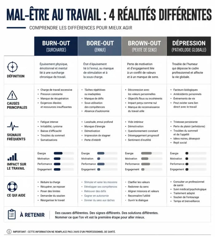 Infographie comparative des symptômes du mal-être au travail : burn-out, bore-out, brown-out et dépression