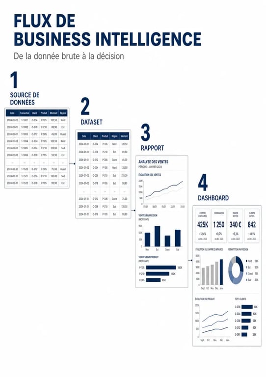 Comment utiliser business intelligence powermetrics suite : schéma du flux source de données, dataset, rapport et dashboard