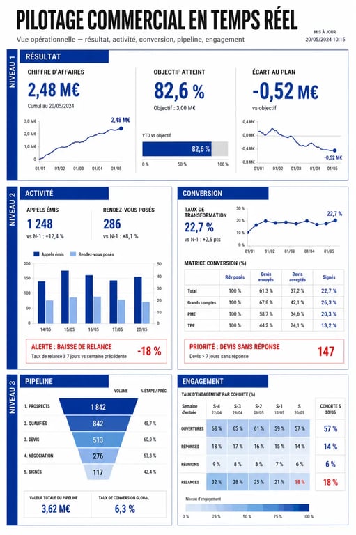 Indicateurs commerciaux salesmetrics dashboard temps réel : hiérarchie des KPI et pilotage commercial