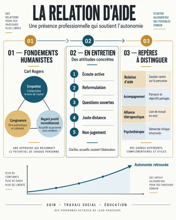 Infographie sur la relation d’aide, ses fondements humanistes, ses attitudes clés et ses notions proches
