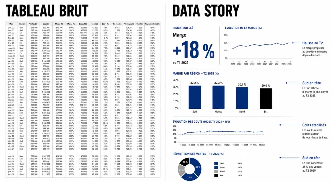 Datastorytelling analyse de données : avant et après d'un tableau brut devenu histoire claire