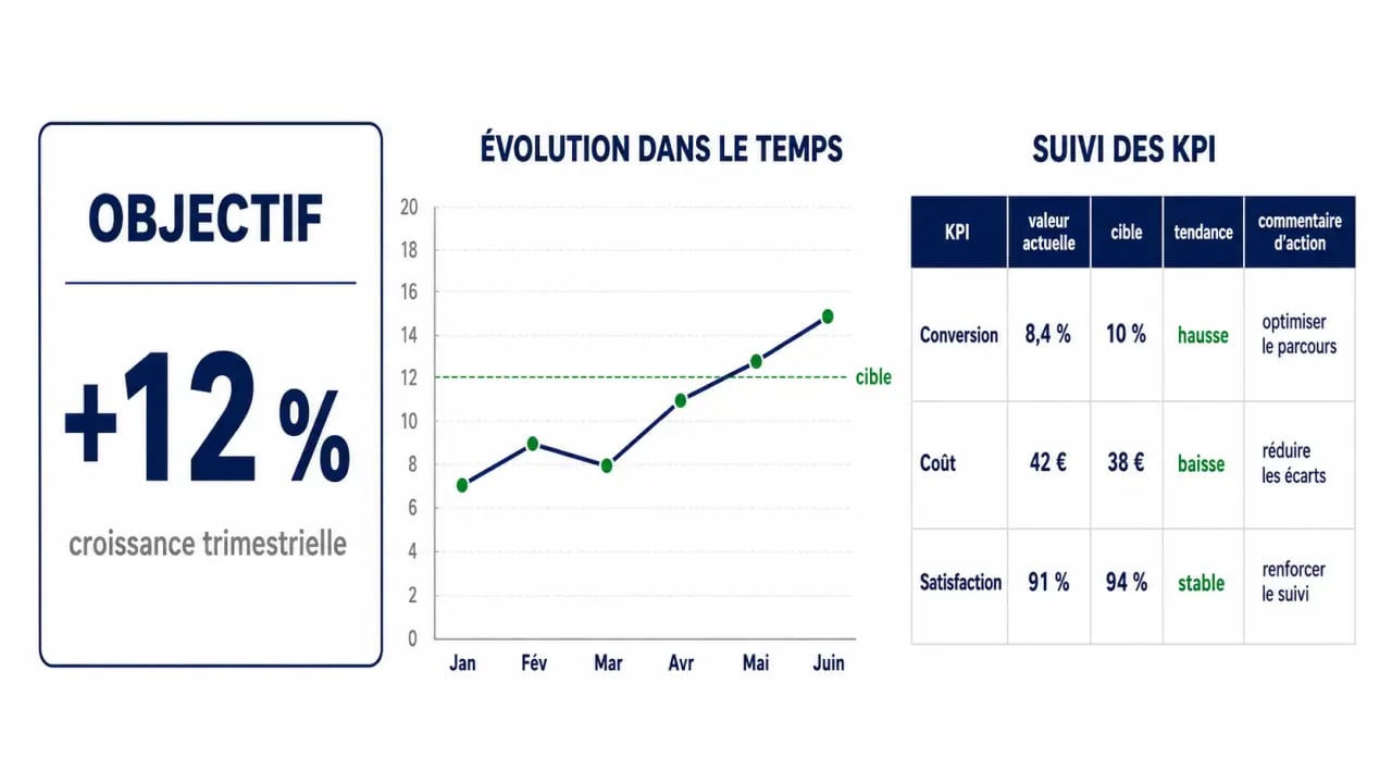 Méthode pilotage performance kpi tracker evolution sur tableau de bord avec courbe de tendance et colonnes de suivi