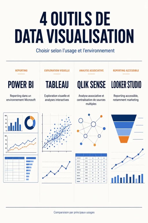 Infographie comparative des outils d’une agence data visualisation : Power BI, Tableau, Qlik Sense et Looker Studio