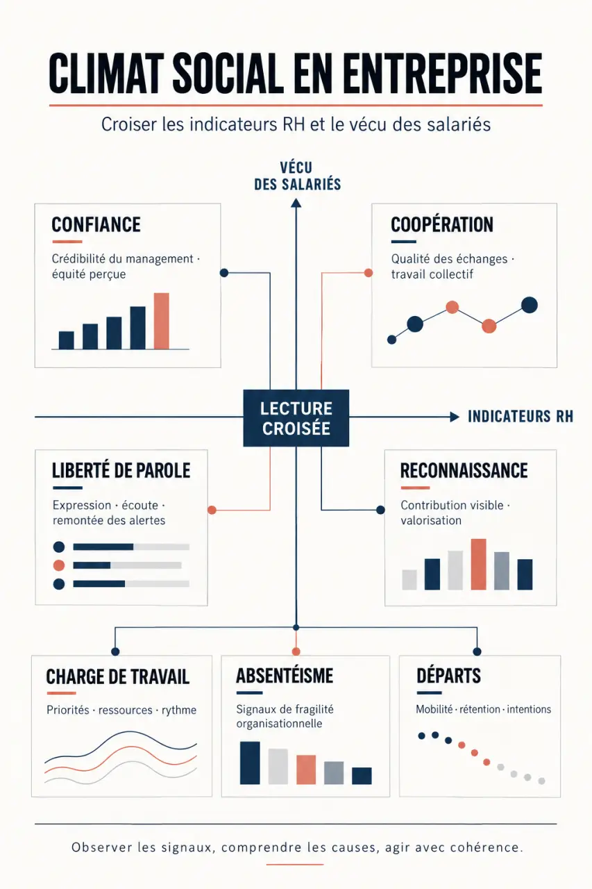 Infographie sur le climat sociale et les indicateurs du vécu des salariés en entreprise