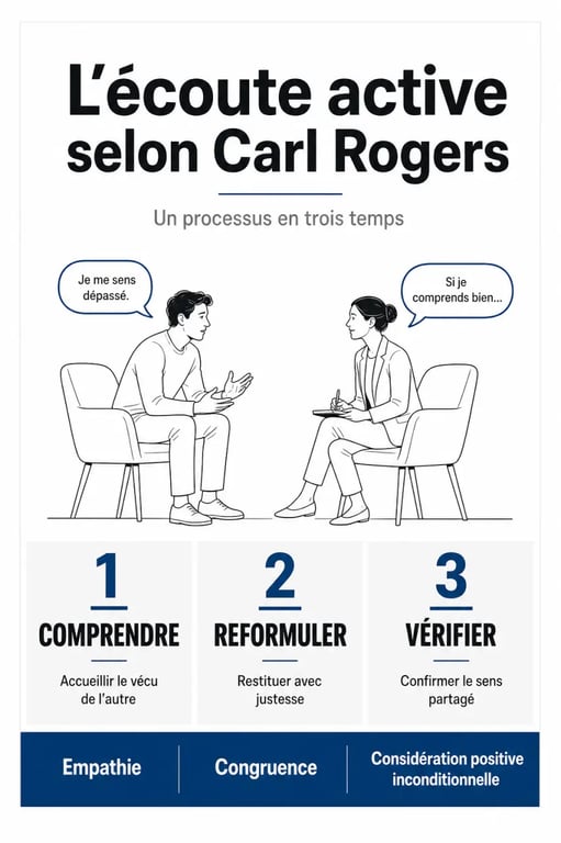 Schéma de l’écoute active Carl Rogers avec empathie, congruence et considération positive inconditionnelle