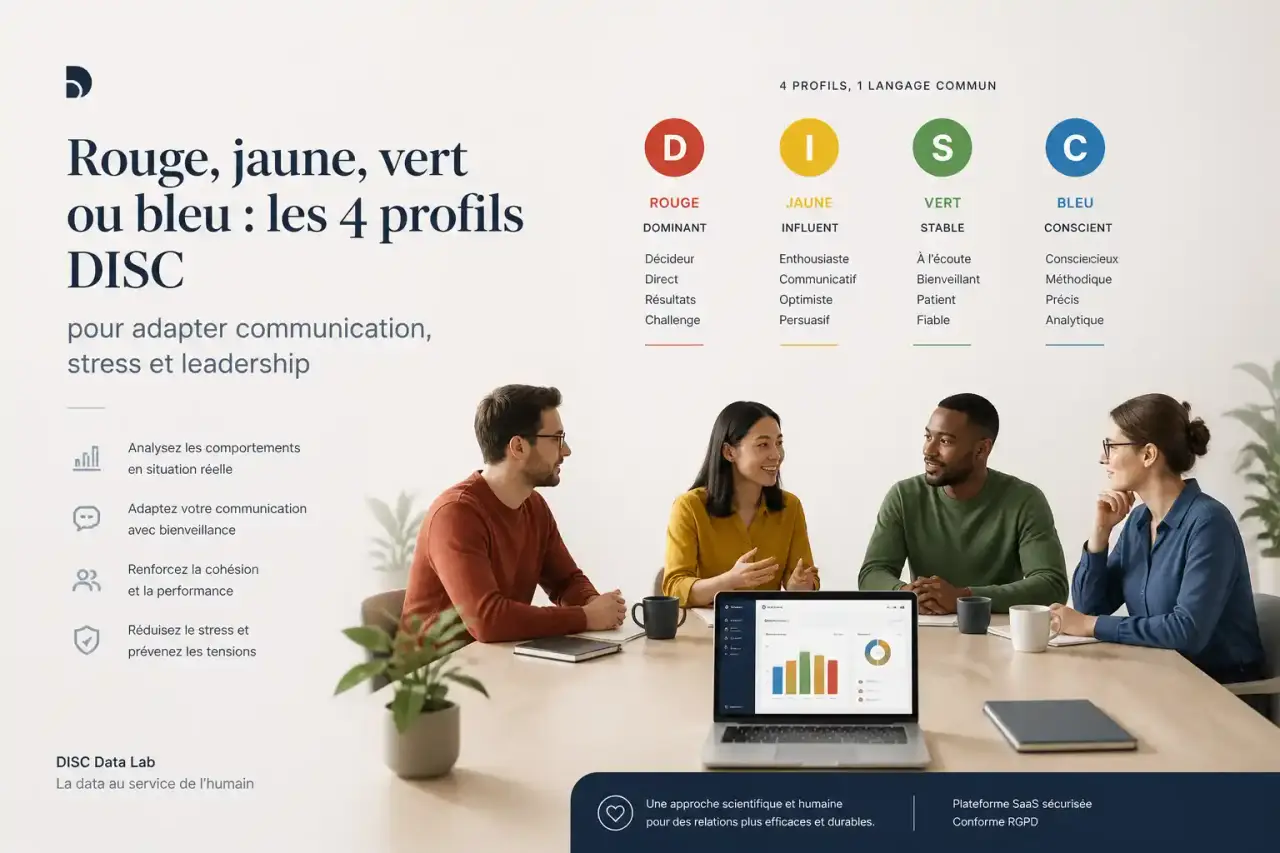 Rouge, jaune, vert ou bleu : les 4 profils DISC pour adapter communication, stress et leadership