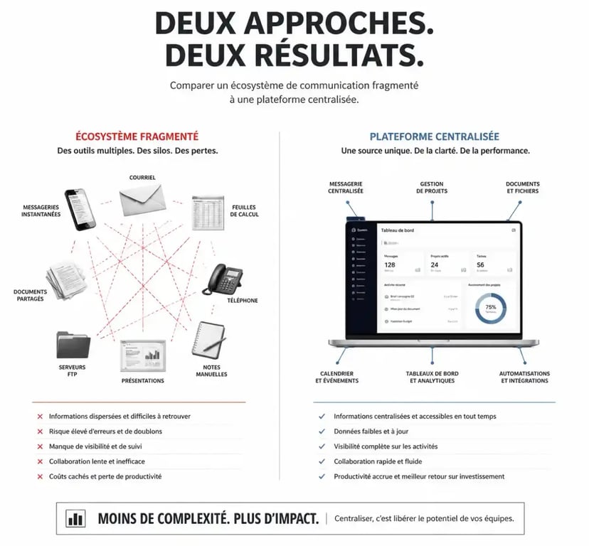 Schéma comparatif entre une communication dispersée et une communication centralisée pour l'outil de communication idéal