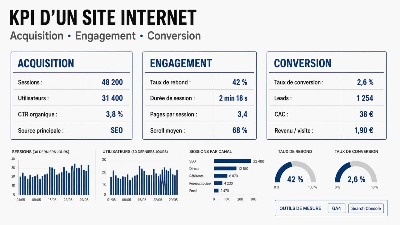 KPI site internet : synthèse visuelle des indicateurs d’acquisition, d’engagement et de conversion