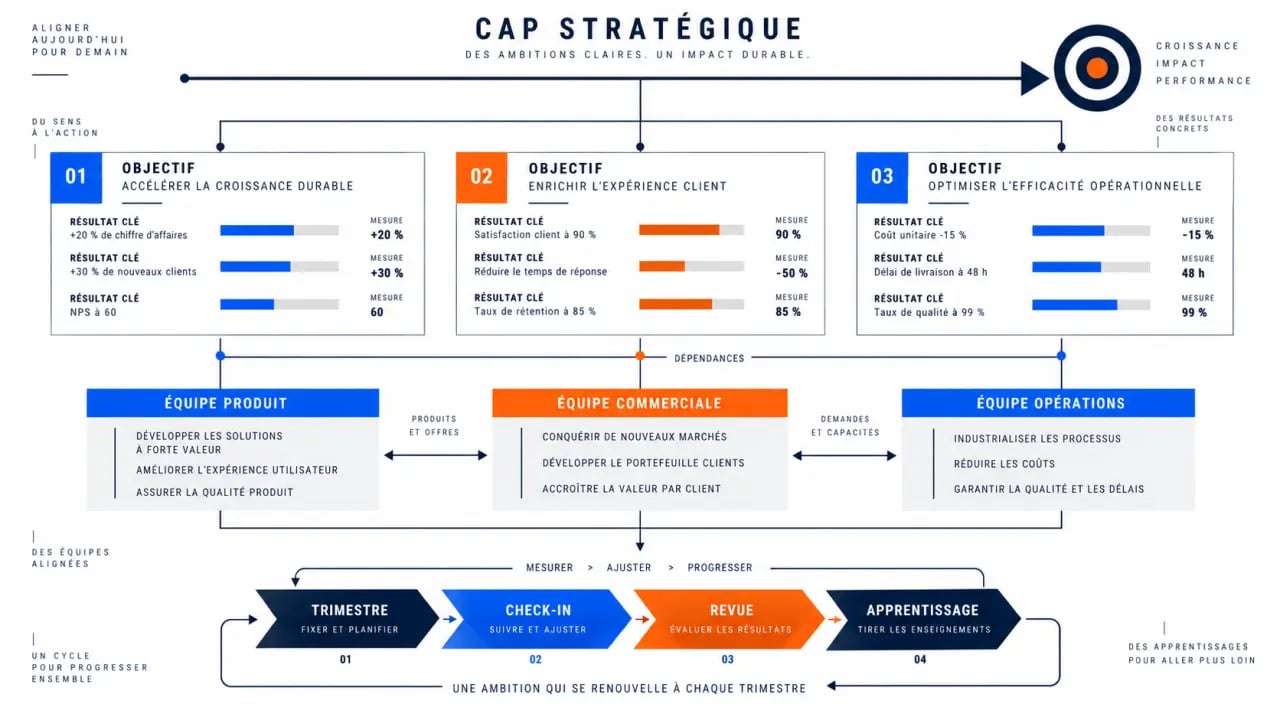 Illustration de la méthode OKR stratégique 2.0 avec objectifs, résultats clés, équipes alignées et cycle trimestriel