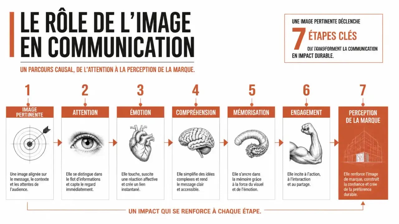 Infographie sur le rôle de l’image en communication, de l’attention à la mémorisation de la marque