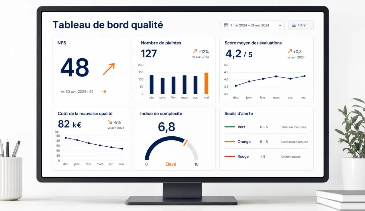 Tableau de bord indicateurs qualité avec KPI NPS, plaintes, coût de la mauvaise qualité et indice de complexité